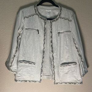 Chico's Womens Jacket Blazer Gray cream snake animal print trim Sz M linen blend